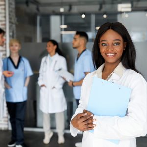 Beautiful african american lady in workwear doctor attending medical conference, holding chart with information, multiracial group of doctors chatting while training, exchanging experience